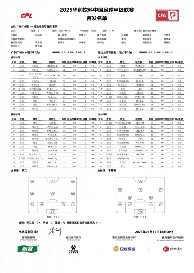 廣州豹vs延邊龍鼎首發(fā)：卡洛斯、羅薩、尼康三外援領銜廣州豹