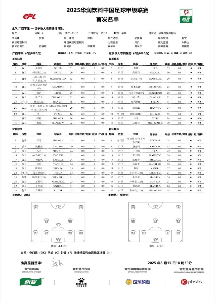 中甲-廣西平果vs遼寧鐵人首發(fā)：三外援對決三外援，安以恩出戰(zhàn)